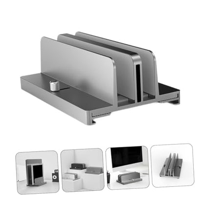 Aluminum Adjustable Laptop Vertical Stand with Dual Slots, Notebook Rack Base for Desk and Tablet Holder, Gray, Suitable for Home and Office Use