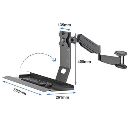 Wall Mounted Sit-Stand Single Monitor Workstation, Single Monitor and Keyboard Stand, with Gas Spring Arm & Folding Tray, Adjustable Height Angle, Max Load 22 Kg, for 17"-35"(60cm) - size: 60cm