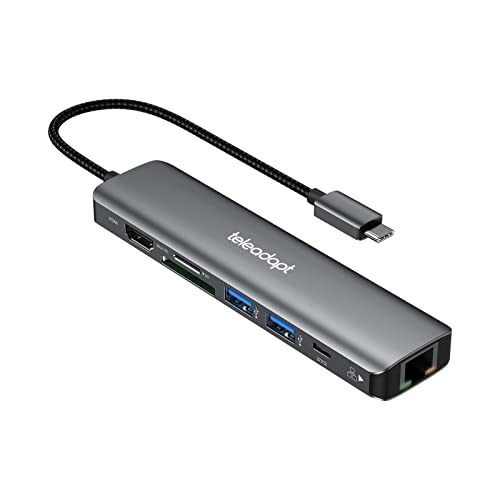 USB C Hub Ethernet, 7 in 1 USB Hub Multiport Adapter for Laptop | HDMI 4K, 1Gbps Ethernet, 100W Power Delivery, USB 3.0, SD/TF Card Reader, Hub USB Adapter for MacBook, iPad Pro, XPS