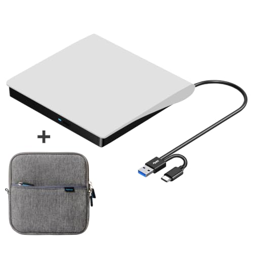 ROOFULL External CD DVD Drive for Mac Laptop USB 3.0 & USB-C | With Carrying Case, Portable CD DVD Burner Reader Writer Player ROM+/-RW Disc Drive for Apple MacBook Windows PC Computer - style: 2 In 1 Drive (White) + Carrying Case