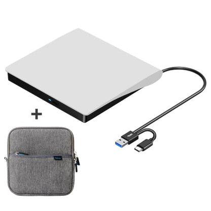 ROOFULL External CD DVD Drive for Mac Laptop USB 3.0 & USB-C | With Carrying Case, Portable CD DVD Burner Reader Writer Player ROM+/-RW Disc Drive for Apple MacBook Windows PC Computer - style: 2 In 1 Drive (White) + Carrying Case