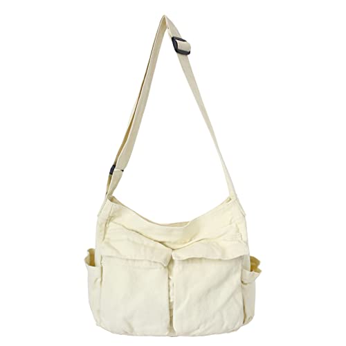 KlaOYer Canvas Messenger Bag Large Hobo Bag Crossbody Shoulder Bag Tote Bag with Pocket for Women and Men - color: White