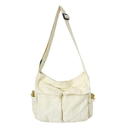 KlaOYer Canvas Messenger Bag Large Hobo Bag Crossbody Shoulder Bag Tote Bag with Pocket for Women and Men - color: White