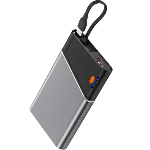 Aaoyun 10000mAh Portable Power Bank, 22.5W PD Fast Charging Battery Pack with Built-in USB-C Cable, Ultra-Slim External Phone Charger for iPhone 17/16/15, Samsung Galaxy S24, Android (Grey) - color: Grey-10000mah