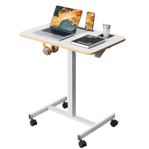 28 inch Mobile Rolling Standing Desk Height Adjustable with Wheels | Small Laptop Cart with Cup Holder, Portable Teacher Computer Workstation with Hook and Slots on 4 Lockable Casters, White - color: White