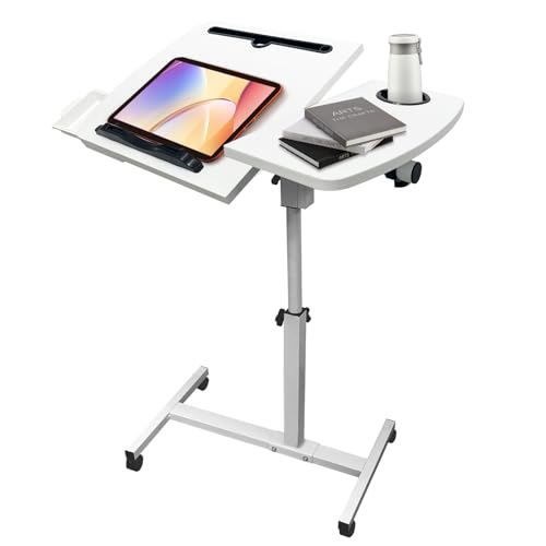 Overbed Table with Wheels Adjustable Height, Tiltable Desktop with Tray, Over Bed Table Rolling Bedside Tables, Medical Mobile Standing Desk, for Hospital Office Bedroom Sofa, White - color: White