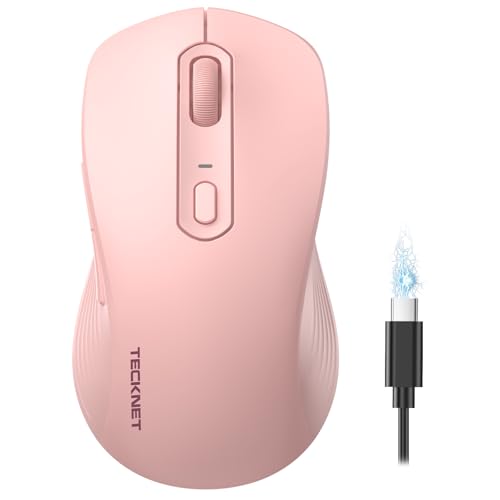 TECKNET Rechargeable Bluetooth Mouse, [ USB + BT5.0 + BT3.0 ] Wireless Mouse, Ergonomic Design, Silent Click, 6-Level 4800 DPI Wireless Mice, 3-Device Switching for Laptop, Computer, MacBook（Pink） - color: Pink