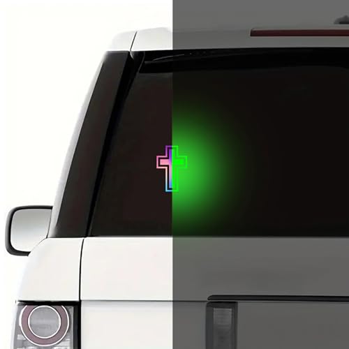 2 Pieces Fluorescent Neon Green Cross & Buddha, Skull Car Decal, Safety Religious Spiritual Stickers for SUV, Windows, Motorcycles, Skateboard Christian Night Visibility Hide Scratches (Cross A) - color: Cross a