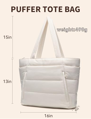 Puffer Tote Bag for Women, Nurse, Large Quilted Shoulder Bag with Cup Holder & Laptop Compartment for Work, Travel, Gym - color: Cream