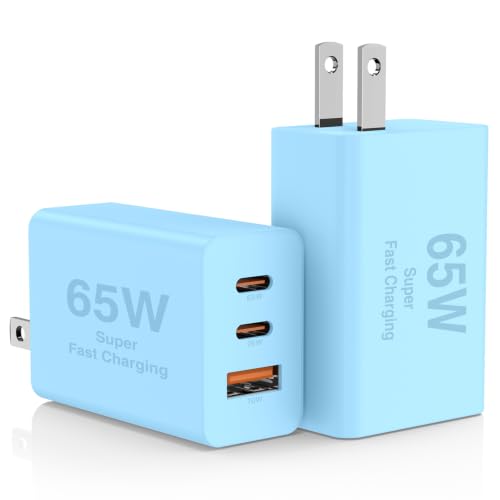2Pack 65W USB C Wall Charger Block, 3-Port USB C Charging Adapter 100W Type C Super Fast Charging Power Plug Cube for MacBook Pro/Air,i-Pad Pro,i-Phone 17/16/15, Galaxy S25,and More - color: Blue+Blue
