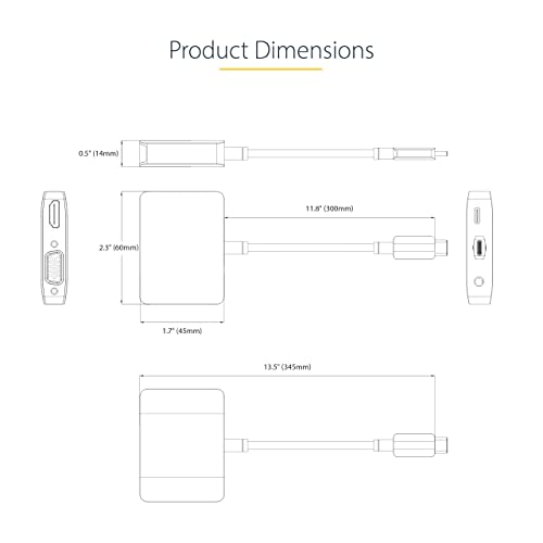 StarTech USB-C to HDMI/VGA Adapter, 4K 60Hz, 100W PD (122-USBC-HDMI-4K-VGA) | USB-C multiport video adapter, 4K 60Hz HDMI 2.0b, 1920x1200 VGA, 3.5mm audio, 7.1ch, HDCP 2.2, 100W PD pass-through, TB3/TB4