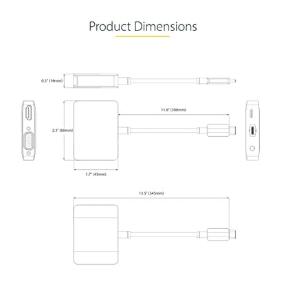 StarTech USB-C to HDMI/VGA Adapter, 4K 60Hz, 100W PD (122-USBC-HDMI-4K-VGA) | USB-C multiport video adapter, 4K 60Hz HDMI 2.0b, 1920x1200 VGA, 3.5mm audio, 7.1ch, HDCP 2.2, 100W PD pass-through, TB3/TB4