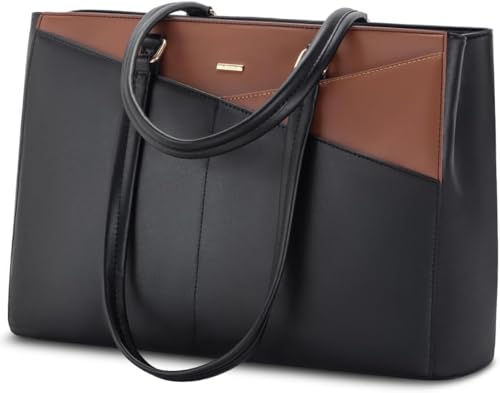 LOVEVOOK Laptop Bag for Women 17.3 Inch Tote Bags Waterproof Leather Briefcase Computer Women Business Office Work Bag,Black/Brown - color: Black/Brown, size: 17.3 inch