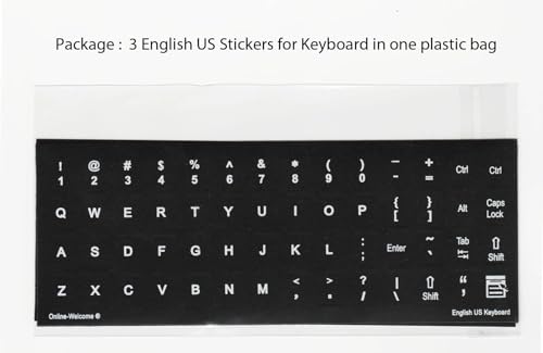 English US Self-Adheisive 3 Pack Keyboard Stickers Black Background Label Shortcut Decal for Computer Laptop