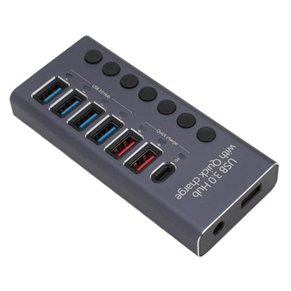 Powered USB 3.0 Hub, Plug and Play 100-240V Individual Switches 5Gbps 7 Ports USB Hub Protector for Laptop (US Plug 100‑240V)