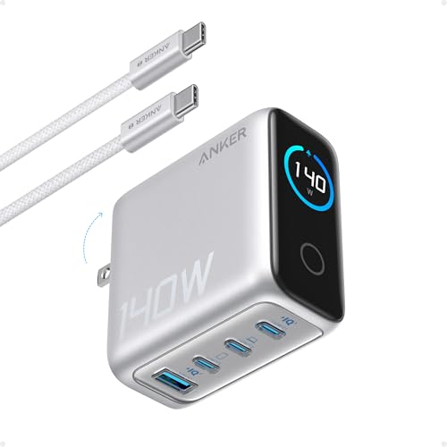 Anker 140W Max 4-Port GaN Charging Blocks,Smart Display for MacBook Charger | Fast Charger USB C Power Adapter with Touch Controls for Macbook Pro,iPad,iPhone 17/16 Series(Include 5FT Cable,Non-Battery) - color: Silver