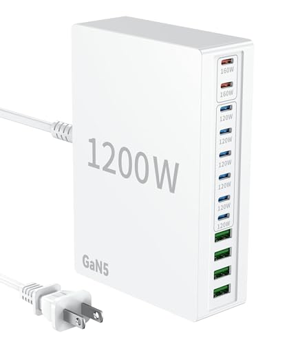 1200W USB C Charger Block.Fast MacBook Pro Charger Charging Station 12 Port 140W PD PPS AVS HUB for All iPhone 17 Pro Max/17 Air/16 SE/Samsung Galaxy 25/ MacBook Pro/Air/iPad Pro/240W Cable - color: White