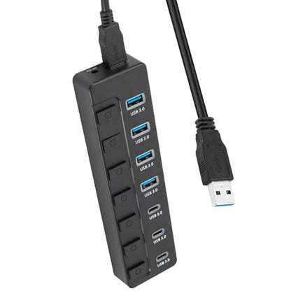 7 Port USB3.0 Adapter with 3 Type C and Individual Switches 5Gbps Fast Data Transfer Expansion Dock for Laptops PC