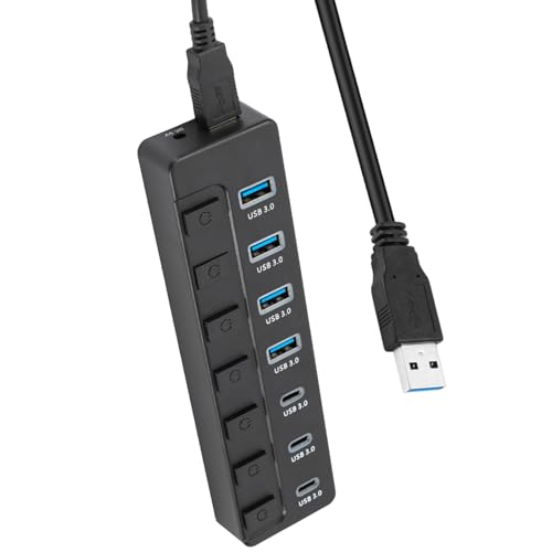 7 Port USB3.0 Adapter with 3 Type C and Individual Switches 5Gbps Fast Data Transfer Expansion Dock for Laptops PC
