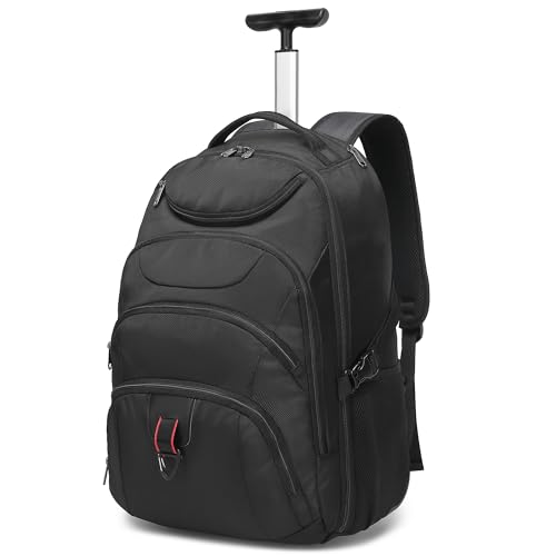 Boavan Rolling Backpack,17 inch Water Resistant Wheeled Backpack,Carry on Luggage Business Bag, Overnight College Computer Trolley Suitcase for Men Women Adults to Travel，Black - color: Black, size: 17.3 inches