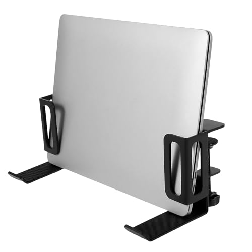 Desk Side Laptop Holder, Vertical Desk Side Storage Laptop Holder, Adjustable Laptops Mount with Headphone Hooks, No Drill Clamp for Laptops,Tablets,Keyboards,Backpack (Black)
