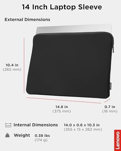 Lenovo Basic Laptop Sleeve 14 Inch Notebook/Tablet Compatible with MacBook Air/Pro Neoprene Material - Soft Fleece Lining - Zippered Top Opening - Black - size: 14 inch