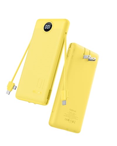 VRURC 10000mAh Power Bank, 22.5W USB C Portable Charger, Yellow | Built-in AC wall plug and cables, LED display, airline approved, slim 8 oz design - color: Yellow
