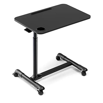 ETHU Overbed Table with Hydraulic Lift, 27.1-34.2 Inch Height Adjustable Bed Table with Lockable Casters - Wood Grain Tabletop with Cup Holder & Charging Slot, 22lbs Capacity Rolling Bedside Desk - color: Black