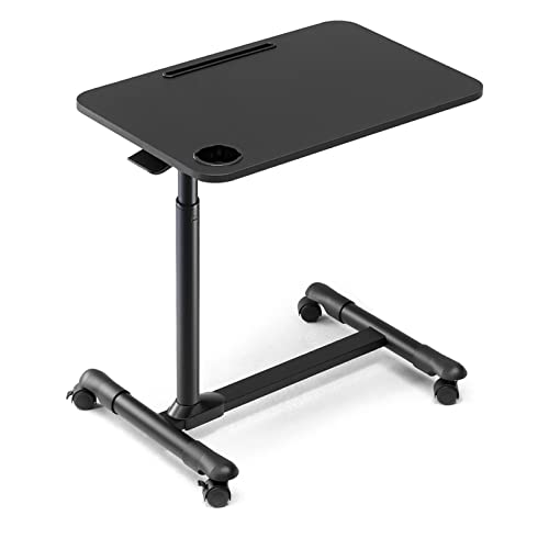 ETHU Overbed Table with Hydraulic Lift, 27.1-34.2 Inch Height Adjustable Bed Table with Lockable Casters - Wood Grain Tabletop with Cup Holder & Charging Slot, 22lbs Capacity Rolling Bedside Desk - color: Black