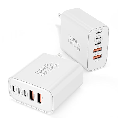 100W USB C Charger Block, 2Pack 5-Port GaN Wall Charger Fast Charging Plug, Multiple PD Power Adapter+QC Plug, USB C Box Cube Compatible with iPhone 17 Air 16 15 14 13 Pro Max Plus,Samsung,MacBook/Air