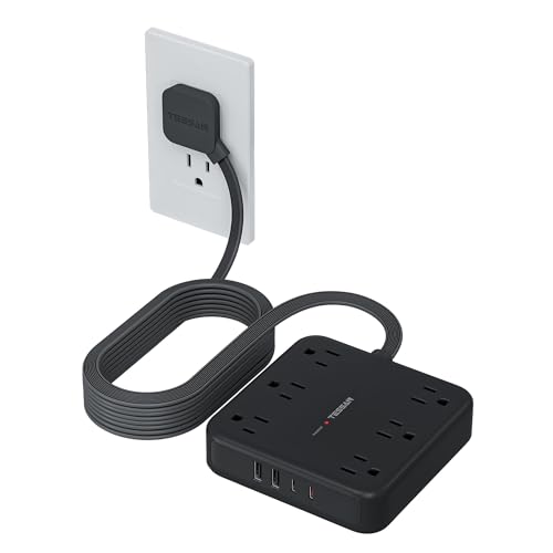 TESSAN 15Ft Black Extension Cord with Multiple Outlets, Flat Plug | 2100 Joules Surge Protector Power Strip, 6 Outlets and 4 USB Ports (2 USB C), Outlet Extender for Home, Office, Dorm - color: Black, size: 15 FT