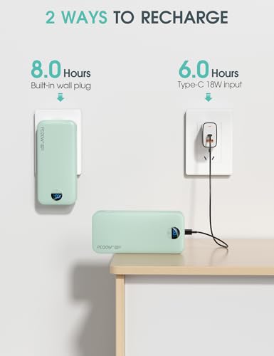 citicr Portable Charger 20000mAh PD20W w/Built-in Cables & Wall Plug Green | High capacity, Fast charging, Built-in wall plug, LED display, Charge 5 devices at once, Pass through charging, TSA approved - color: Green-20000mah