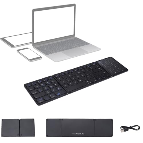 Foldable Bluetooth Keyboard with Touchpad and Number Pad, 3 Devices, Bluetooth 5.1, Rechargeable Full Size Ultra Slim Keyboards for Phone, Tablet, Laptop (Black) - color: Black