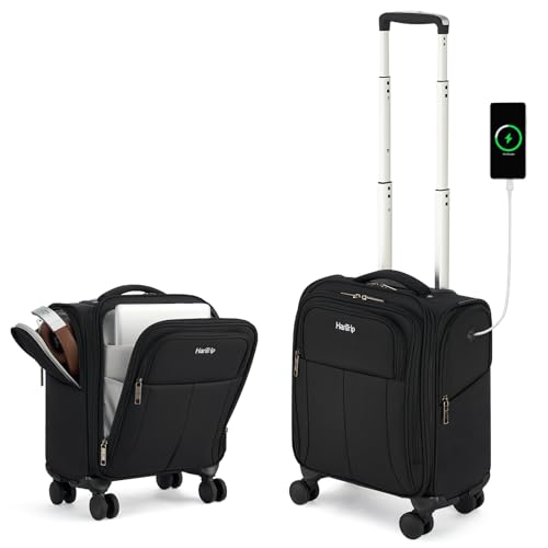 HanTrip 16 Inch Underseat Carry On Luggage with Wheels Softside Small Suitcases Personal Item Bag with Pocket Travel Luggage for Men Women Business Overnight Bag(Black) - color: Black