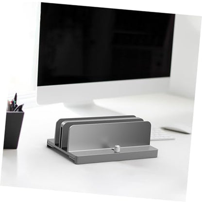 Aluminum Alloy Vertical Laptop Stand Adjustable Dual-Slot Desk Organizer for Notebooks and Tablets Space-Saving Gray Holder for Home and Office