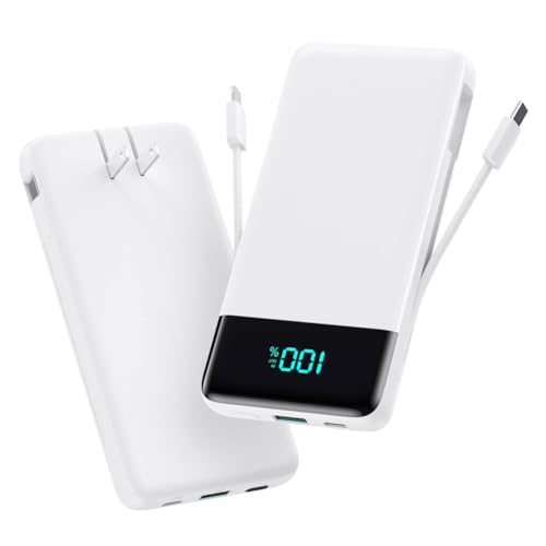 Portable Charger for iPhone,13800mAh Slim Power Bank with Built-in Cables & AC Wall Plug,All in One 4 Outputs USB C Fast Charging Battery Pack Travel Essential for iPhone 17/16/15/14,Android (White) - color: White, size: 13800mAh