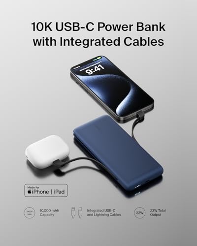 Belkin Portable Charger Power Bank for iPhone/Android (10,000mAh), 23W Battery Pack with Integrated USB-C, Lightning Cables, Pass-Through Capability, Charge 2 Devices at Once, Phone Charger Power Bank - color: Blue