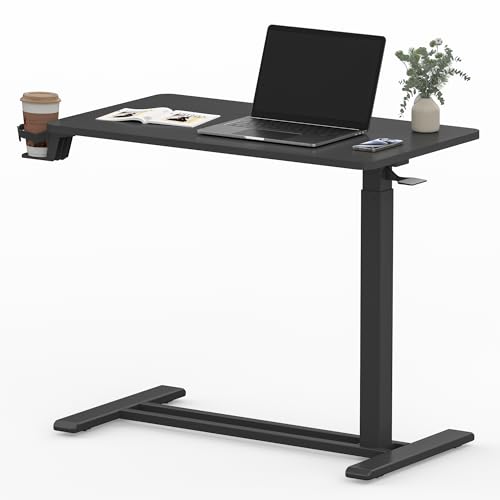 SANODESK 32''Pneumatic Adjustable Overbed Bedside Table with Hidden Casters | Medical Mobile Side End Table Laptop Computer Standing Desk Cart with Tray, Hospital and Home Use(31.5" W x 17.7" D,Black) - color: Black, size: Large