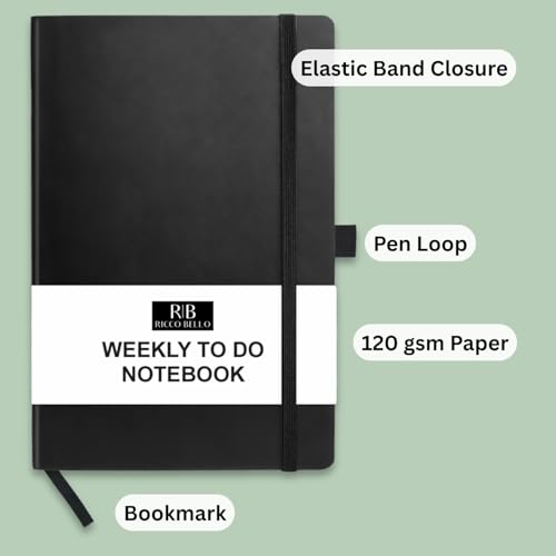 RICCO BELLO Undated Weekly Planner To Do Notebook, Black, 5.7 x 8.4" | Faux Leather Hardcover, Pen Holder, Bookmark & Band Closure, Storage Pocket, For Work, School, Home - color: Black