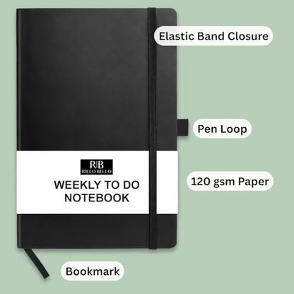 RICCO BELLO Undated Weekly Planner To Do Notebook, Black, 5.7 x 8.4" | Faux Leather Hardcover, Pen Holder, Bookmark & Band Closure, Storage Pocket, For Work, School, Home - color: Black