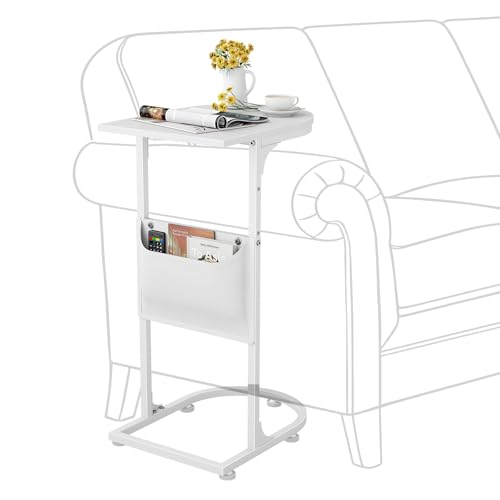 C Shaped End Table, Small Side Table for Couch, C Table that Slides Under Sofa with Storage Bag, TV Tray Table for Recliner, Living Room, Bedside, Bedroom, Small Spaces, White - color: Classic White