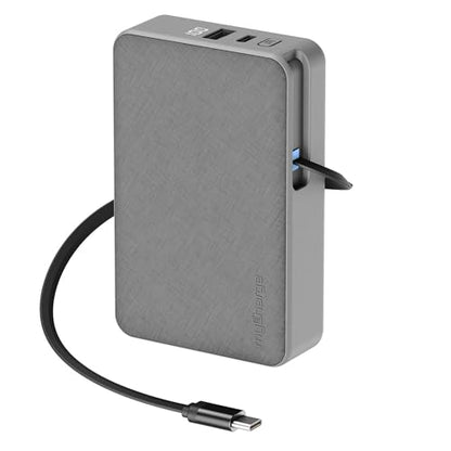 myCharge RetractaCharger 10000mAh Power Bank – 28" Retractable USB-C Cable | 30W PD Fast Charging | Digital Battery Display | USB-C/A Ports | Up to 60 Hrs Extra Power | Premium Grey Fabric - color: No Wall Plug