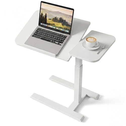 Overbed Table with Wheels, Height Adjustable Hospital Bed Table, Dual-Tiltable Rolling Laptop Desk for Bed, Hidden Casters H-Base Portable Side Table for Couch, Hospital & Home Office - color: White