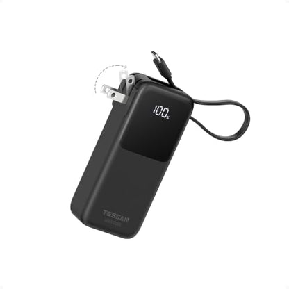 TESSAN Portable Charger Power Bank 10000mAh,3-in-1 Built in 30W USB C Cable | 2 USB C (1 Port & 1 Cable), 1 Foldable AC Wall Plug, Portable Charger, Travel Essentials for iPhone 17/16/15 Series, Samsung
