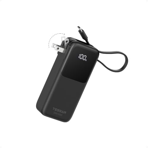 TESSAN Portable Charger Power Bank 10000mAh,3-in-1 Built in 30W USB C Cable | 2 USB C (1 Port & 1 Cable), 1 Foldable AC Wall Plug, Portable Charger, Travel Essentials for iPhone 17/16/15 Series, Samsung