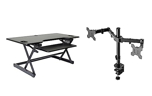 Rocelco 46" Large Height Adjustable Standing Desk Converter with Double Monitor Mount Arm BUNDLE - Quick Sit Stand Up Computer Workstation Riser - Retractable Keyboard Tray - Black (R DADRB-46-DM2) - color: Black, size: 46", style: Riser+Dual Mount