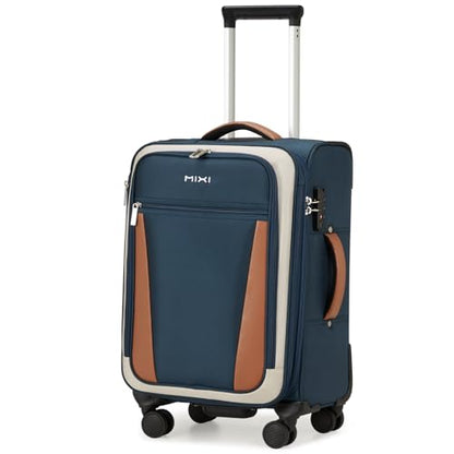 mixi Carry On Luggage 20 Inch Softside Expandable Suitcase with Front Pocket, 22x14x9 Airline Approved Rolling Lightweight Travel Suitcases with Wheels & TSA (Deep Blue-Off White) - color: Deep Blue-Off White