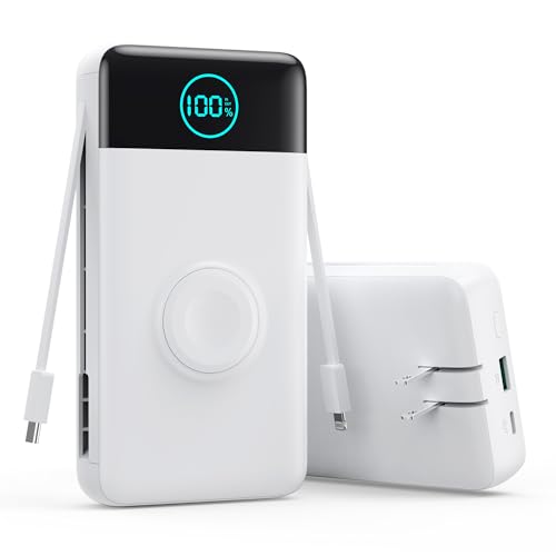 Portable Charger for iPhone, 40800mAh Power Bank with Built-in Cables & AC Wall Plug, 5 Outputs USB C Fast Charging External Battery Pack for iPhone 17/16/15/14, Android, Travel Essential (White) - color: White, size: 40800mAh