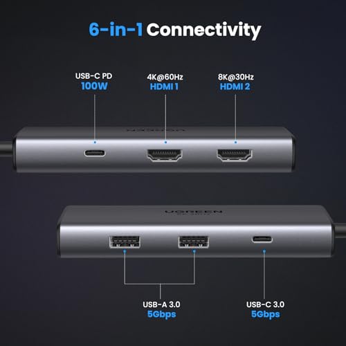 UGREEN USB C Docking Station Dual Monitor 4K@60Hz, 6-in-1 Dock with 2xHDMI | Single 8K@30Hz, 100W PD, 2x5Gbps USB-A & 1xUSB-C Data Ports, USB-C Revodok 206 Dock for Thinkpad, HP, Dell Laptops and More