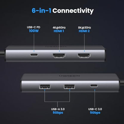 UGREEN USB C Docking Station Dual Monitor 4K@60Hz, 6-in-1 Dock with 2xHDMI | Single 8K@30Hz, 100W PD, 2x5Gbps USB-A & 1xUSB-C Data Ports, USB-C Revodok 206 Dock for Thinkpad, HP, Dell Laptops and More